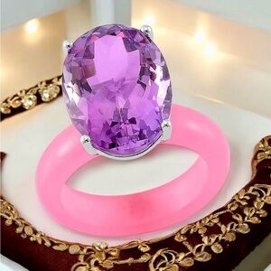 Rose De France Amethyst and Genuine Pink Jadeite Jade Ring Size 10 . 925 Silver